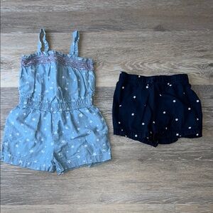 Toddler 2T Girl Kids Denim Blue Starry Romper and Navy Patriotic Shorts Set